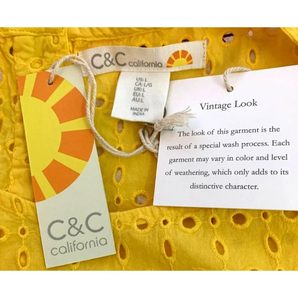 C&C California L Yellow Cotton Eyelet Scoop Neck Button Back Short Sleeve Blouse - Picture 6 of 6